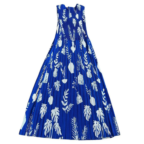 Leo & Ugo Royal Blue Bold Print Midi Dress Sleeveless Stretch Pleated Size Small - Picture 6 of 11